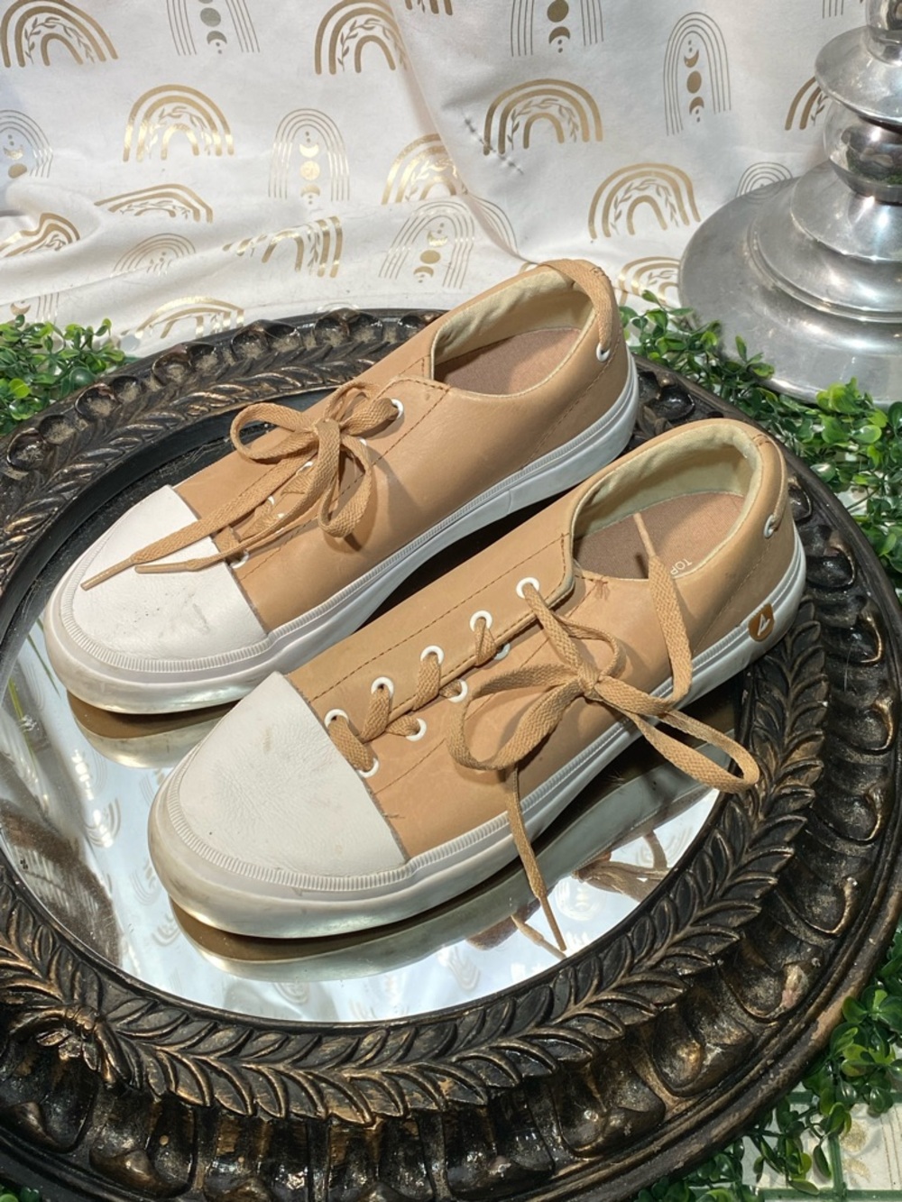 Sperry Women's Tan Canvas Lace-Up Sneakers with White Toe